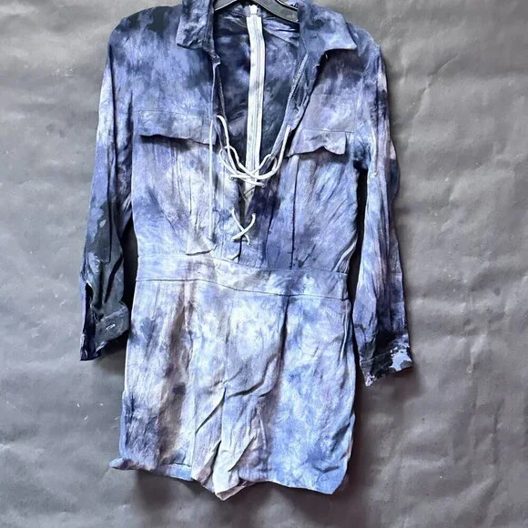 Topshop Romper Short Jumper Off-White Lace Up Club Size 6 Tie Dye Black - Picture 7 of 8